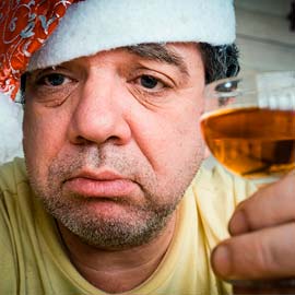 грустный мужчина с алкоголем в руке в праздничной шапке