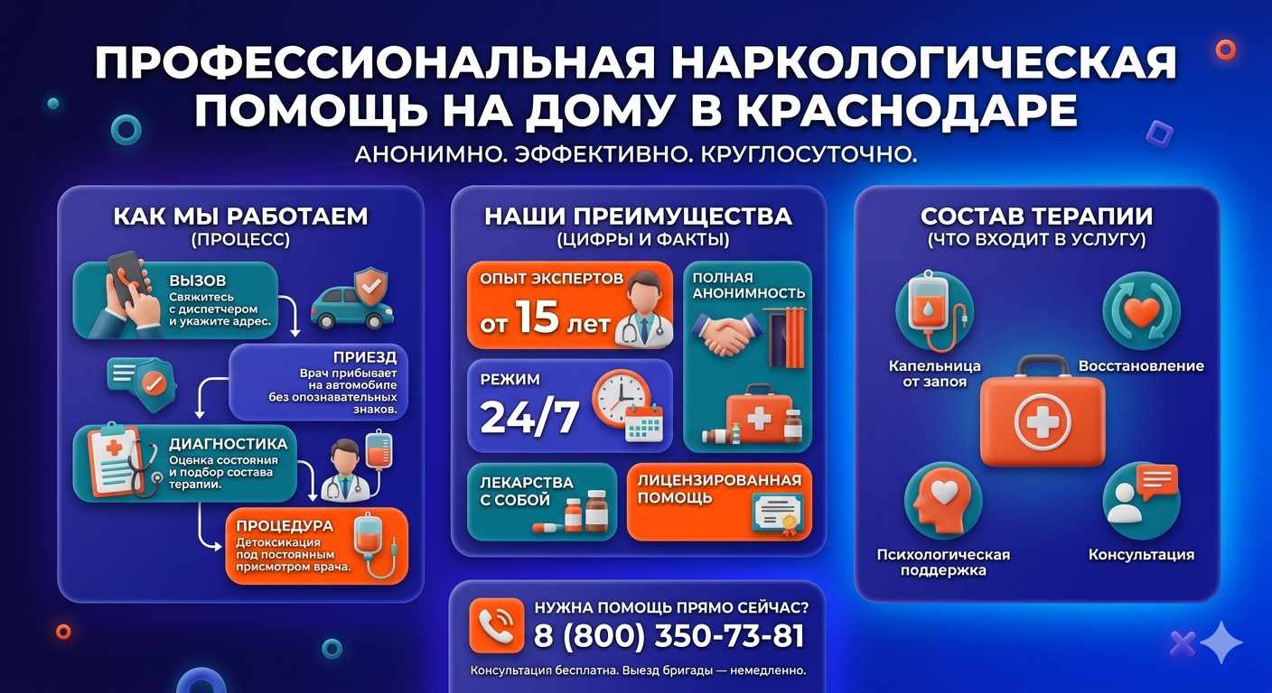 Инфографика о принципах лечения алкоголизма на дому в Коломне: этапы вызова нарколога, преимущества анонимной детоксикации и состав медицинской помощи.